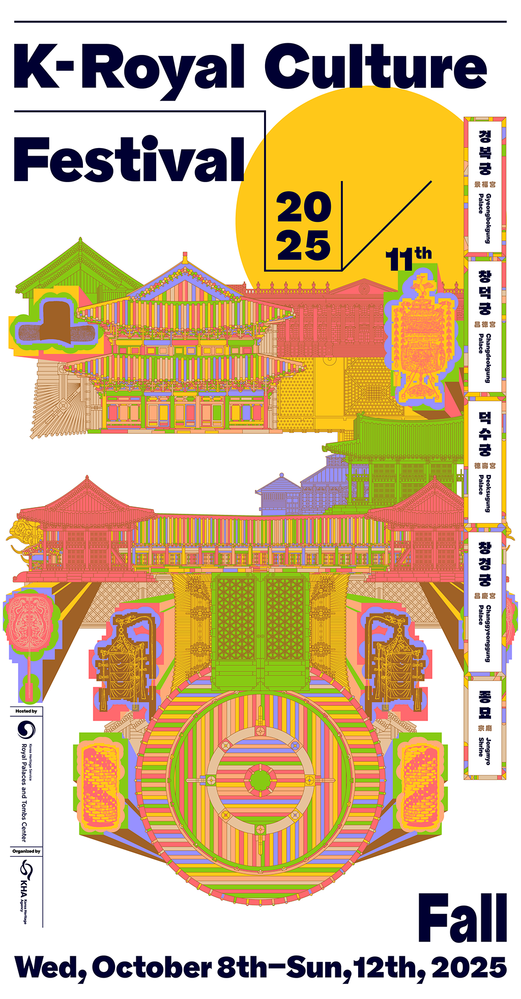 2025 11th K-Royal Culture Festival. Fall Wed, October 8th-Sun,12th,2025. 경복궁Gyeongbokgung Palace, 창덕궁 Changdeokgung Palace, 덕수궁 Deoksugung Palace, 창경궁 Changgyeonggung Palace, 종묘 Jongmyo Shrine. Hosted by:Korea Heritage Service Royal Palaces and Tombs Center, Organized by:Korea Heritage Agency