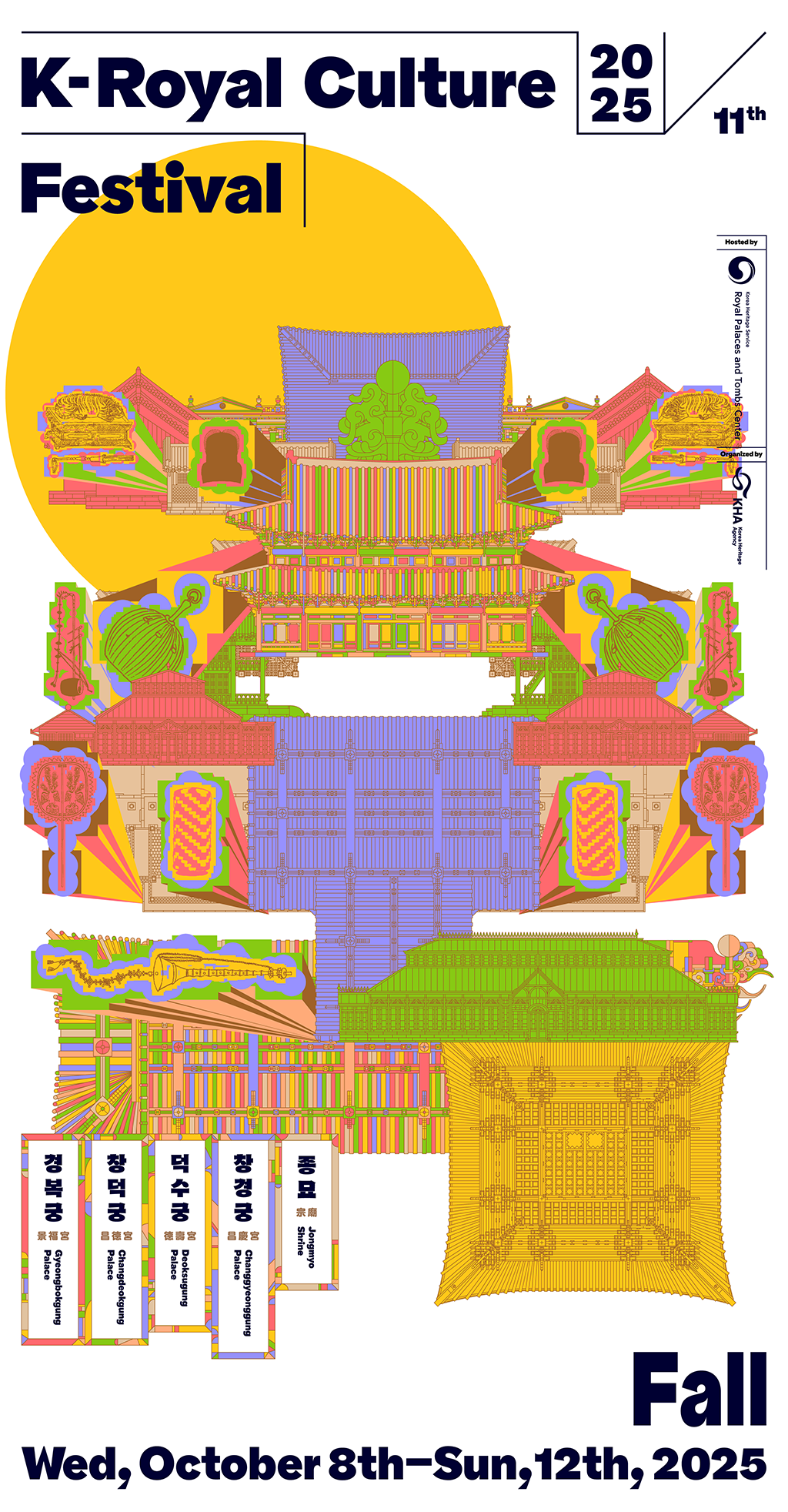 2025 11th K-Royal Culture Festival. Fall Wed, October 8th-Sun,12th,2025. 경복궁Gyeongbokgung Palace, 창덕궁 Changdeokgung Palace, 덕수궁 Deoksugung Palace, 창경궁 Changgyeonggung Palace, 종묘 Jongmyo Shrine. Hosted by:Korea Heritage Service Royal Palaces and Tombs Center, Organized by:Korea Heritage Agency